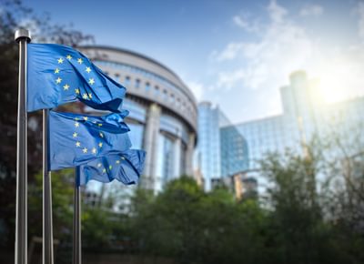 Uropean union flag against parliament in Brussels istock image