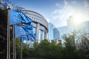 Uropean union flag against parliament in Brussels istock image