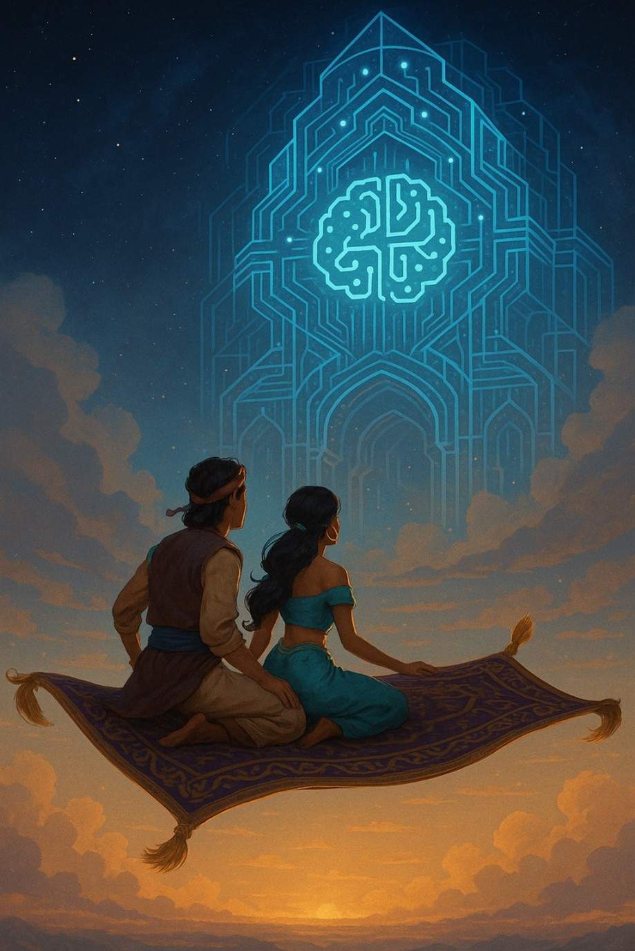 Aladdin and Jasmine on the magic flying carpet looking at a digitized castle with a brain symbol on it